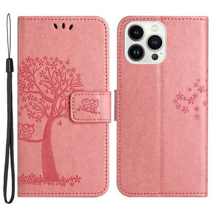 For iPhone 14 Pro Max 6.7 inch Shockproof Phone Case Imprinted Owl Tree Pattern PU Leather Wallet Cover Stand with Wrist Strap