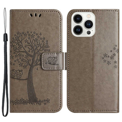 For iPhone 14 Pro Max 6.7 inch Shockproof Phone Case Imprinted Owl Tree Pattern PU Leather Wallet Cover Stand with Wrist Strap