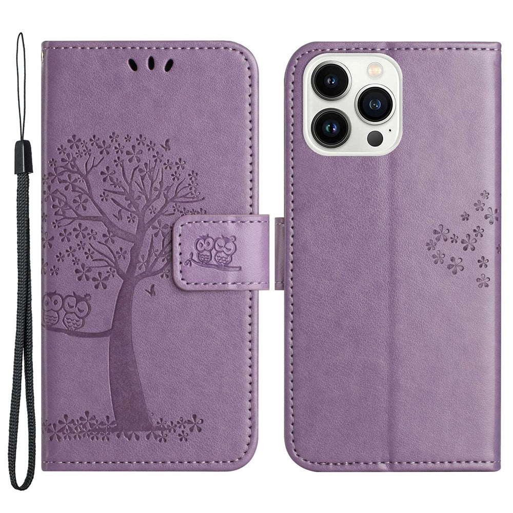For iPhone 14 Pro Max 6.7 inch Shockproof Phone Case Imprinted Owl Tree Pattern PU Leather Wallet Cover Stand with Wrist Strap