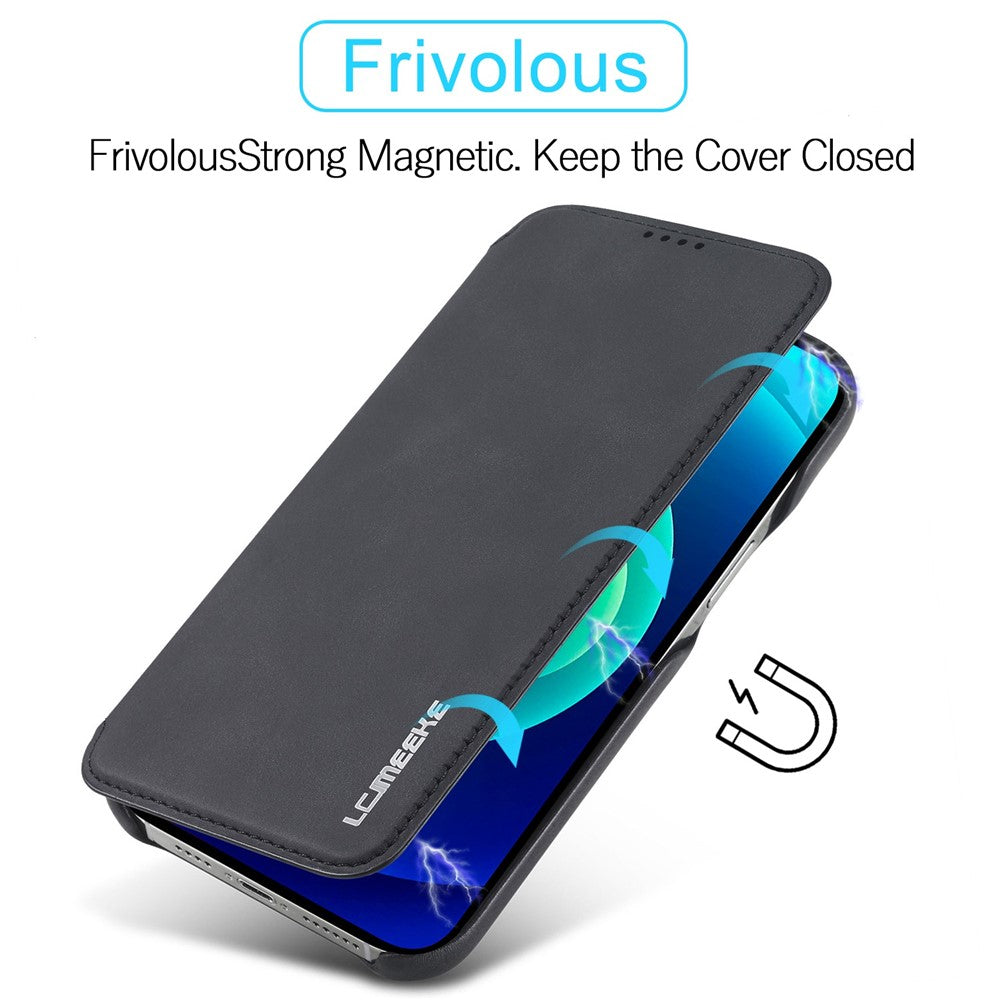 LC.IMEEKE For iPhone 14 6.1 inch Anti-scratch Dustproof Cell Phone Cover PU Leather Stand Phone Case with Card Slot