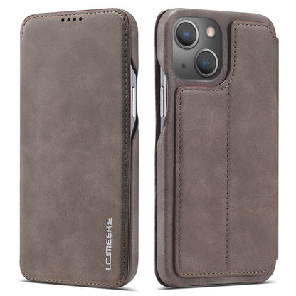 LC.IMEEKE For iPhone 14 6.1 inch Anti-scratch Dustproof Cell Phone Cover PU Leather Stand Phone Case with Card Slot