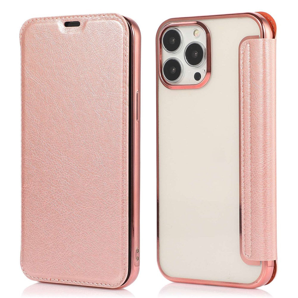 For iPhone 14 Pro Max 6.7 inch PU Leather Folio Flip Case Card Slot Clear Soft TPU Back Stand Electroplating Shell