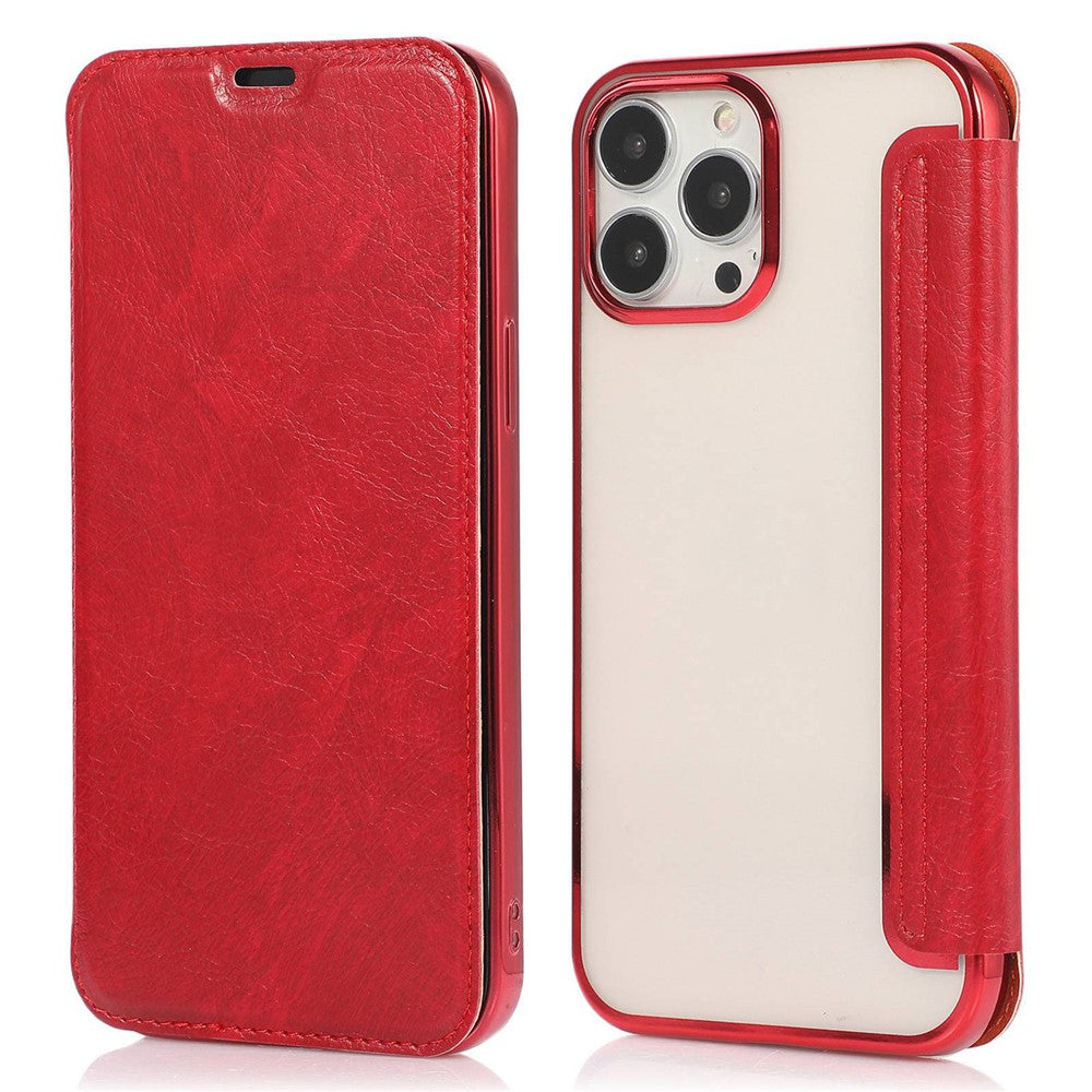 For iPhone 14 Pro Max 6.7 inch PU Leather Folio Flip Case Card Slot Clear Soft TPU Back Stand Electroplating Shell