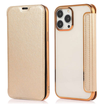 For iPhone 14 Pro Max 6.7 inch PU Leather Folio Flip Case Card Slot Clear Soft TPU Back Stand Electroplating Shell