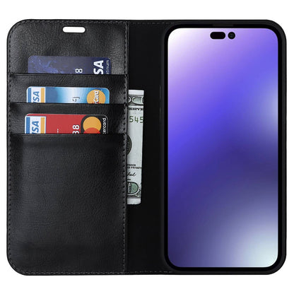 For iPhone 14 Pro Max 6.7 inch Magnetic Auto-absorbed Phone Case Crazy Horse Texture Genuine Leather Wallet Stand Folio Cover