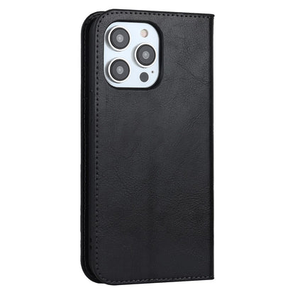 For iPhone 14 Pro Max 6.7 inch Magnetic Auto-absorbed Phone Case Crazy Horse Texture Genuine Leather Wallet Stand Folio Cover