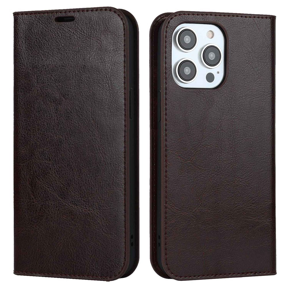 For iPhone 14 Pro Max 6.7 inch Magnetic Auto-absorbed Phone Case Crazy Horse Texture Genuine Leather Wallet Stand Folio Cover