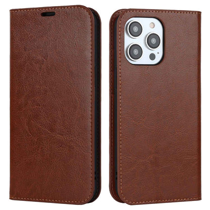 For iPhone 14 Pro Max 6.7 inch Magnetic Auto-absorbed Phone Case Crazy Horse Texture Genuine Leather Wallet Stand Folio Cover