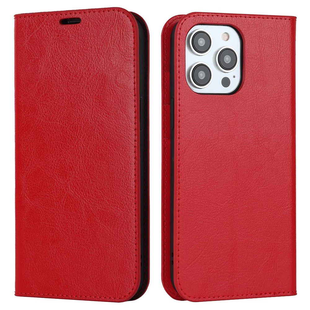 For iPhone 14 Pro Max 6.7 inch Magnetic Auto-absorbed Phone Case Crazy Horse Texture Genuine Leather Wallet Stand Folio Cover