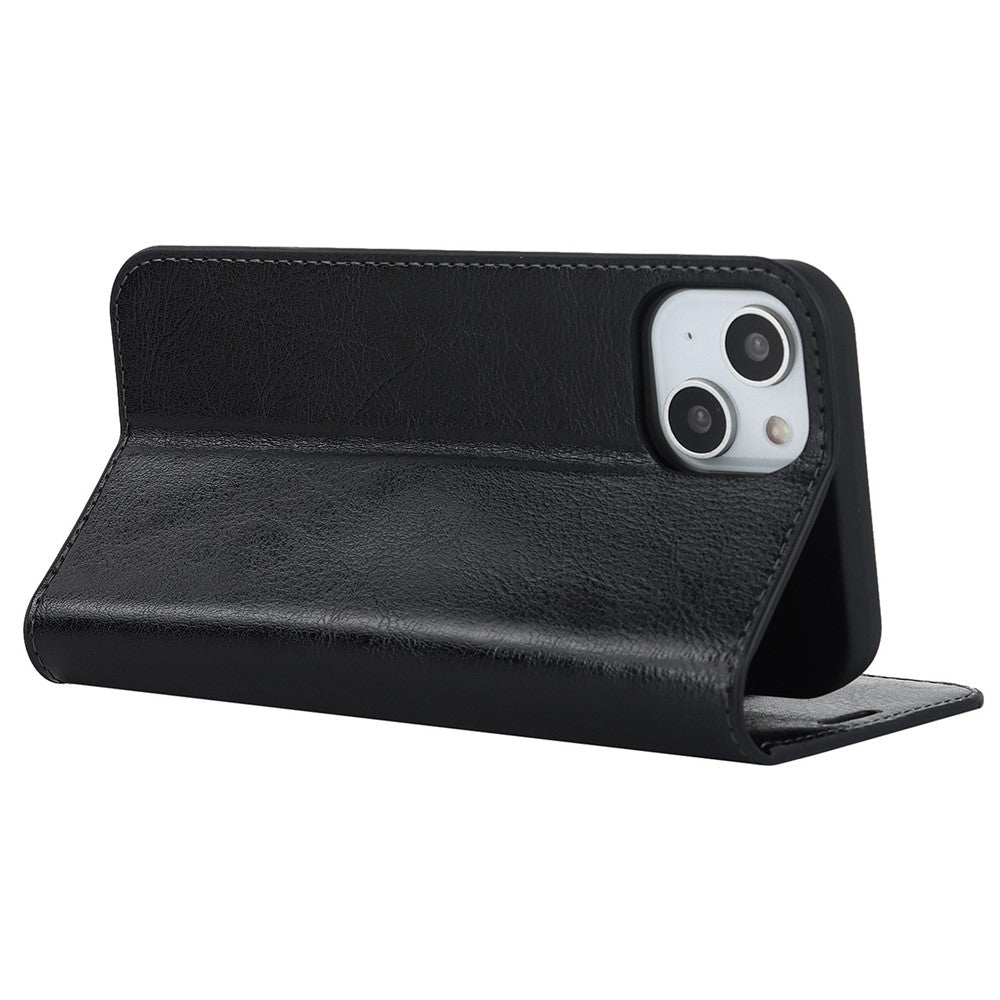 For iPhone 14 6.1 inch Genuine Leather Magnetic Absorption Phone Case Crazy Horse Texture Shockproof TPU Interior Shell Flip Stand Wallet Cover