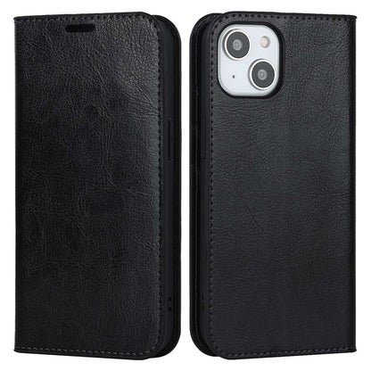 For iPhone 14 Plus Crazy Horse Texture Genuine Leather Wallet Case Stand Magnetic Auto-absorbed Folio Cover