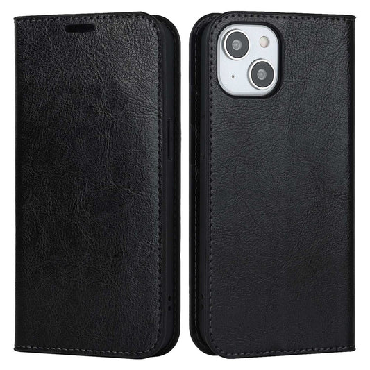 For iPhone 14 Plus Crazy Horse Texture Genuine Leather Wallet Case Stand Magnetic Auto-absorbed Folio Cover