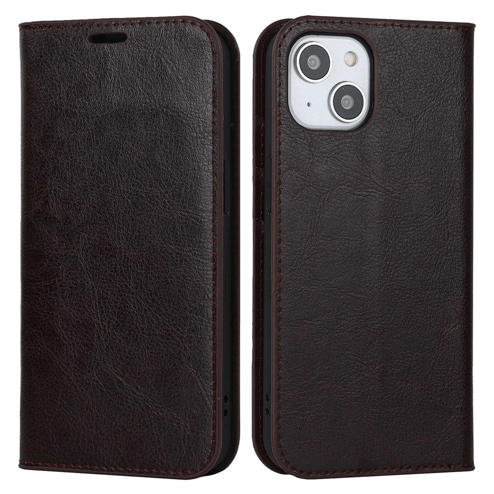 For iPhone 14 Plus Crazy Horse Texture Genuine Leather Wallet Case Stand Magnetic Auto-absorbed Folio Cover