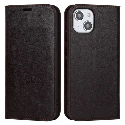 For iPhone 14 Plus Crazy Horse Texture Genuine Leather Wallet Case Stand Magnetic Auto-absorbed Folio Cover