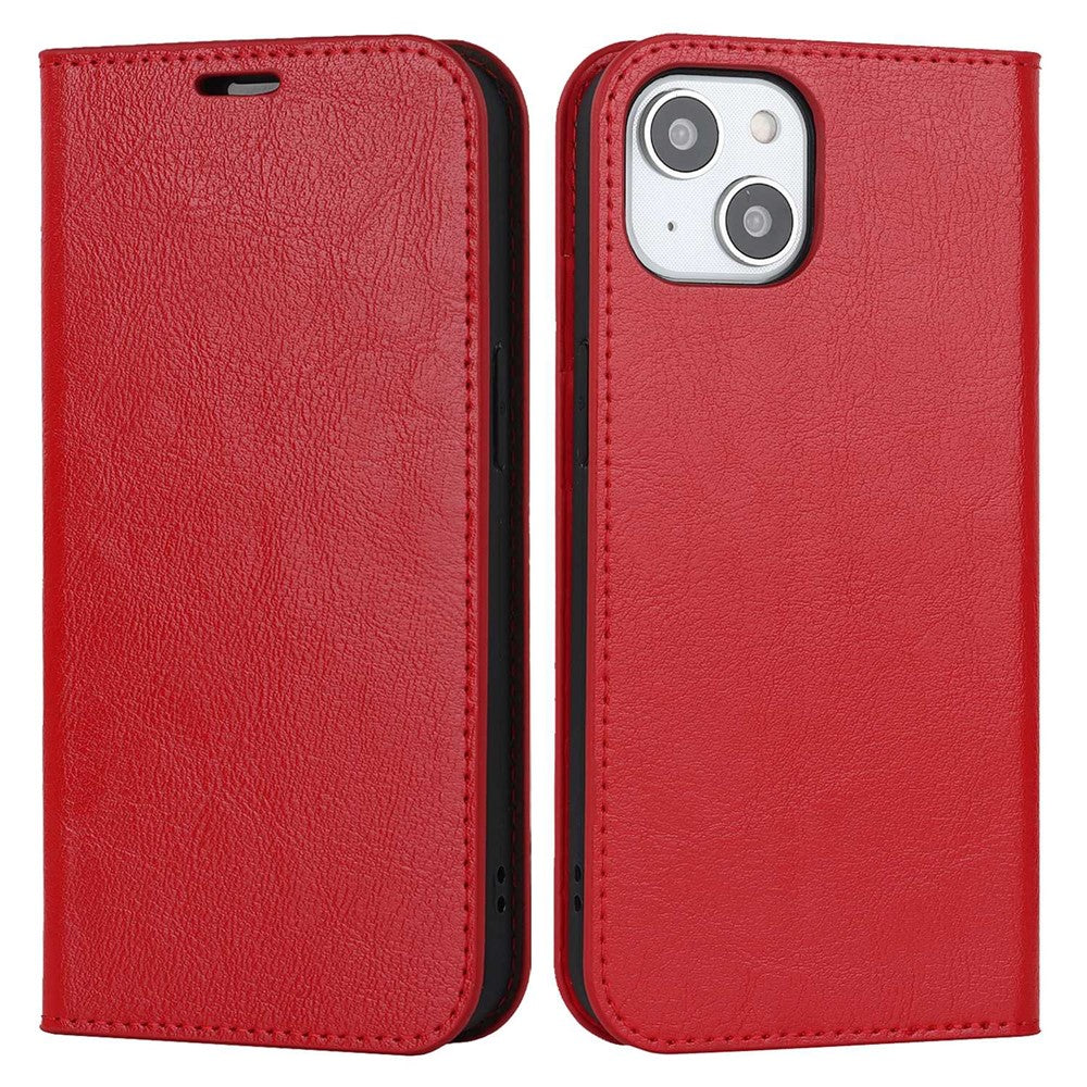 For iPhone 14 Plus Crazy Horse Texture Genuine Leather Wallet Case Stand Magnetic Auto-absorbed Folio Cover