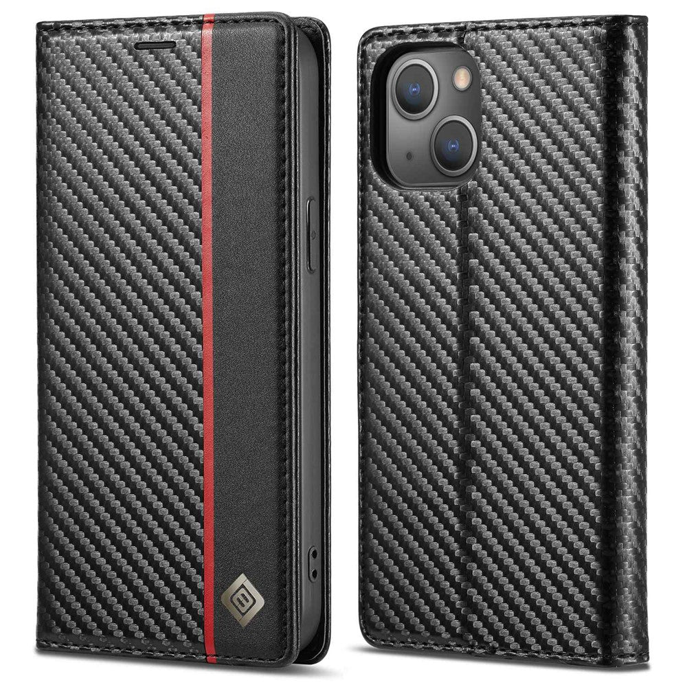 LC.IMEEKE for iPhone 14 Plus Carbon Fiber Texture Wallet Stand Design PU Leather Magnetic Auto Closing Phone Case Cover