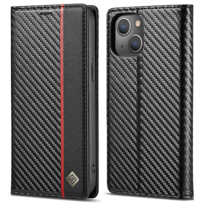 LC.IMEEKE for iPhone 14 Plus Carbon Fiber Texture Wallet Stand Design PU Leather Magnetic Auto Closing Phone Case Cover