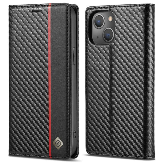 LC.IMEEKE for iPhone 14 Plus Carbon Fiber Texture Wallet Stand Design PU Leather Magnetic Auto Closing Phone Case Cover