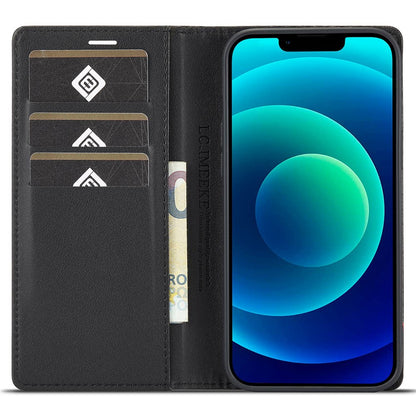 LC.IMEEKE for iPhone 14 Plus Carbon Fiber Texture Wallet Stand Design PU Leather Magnetic Auto Closing Phone Case Cover