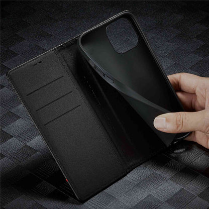 LC.IMEEKE for iPhone 14 Plus Carbon Fiber Texture Wallet Stand Design PU Leather Magnetic Auto Closing Phone Case Cover
