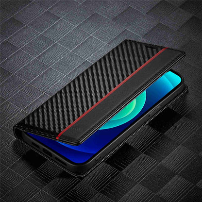 LC.IMEEKE for iPhone 14 Plus Carbon Fiber Texture Wallet Stand Design PU Leather Magnetic Auto Closing Phone Case Cover