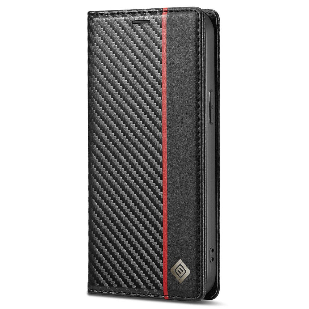 LC.IMEEKE for iPhone 14 Plus Carbon Fiber Texture Wallet Stand Design PU Leather Magnetic Auto Closing Phone Case Cover