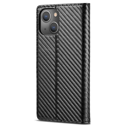 LC.IMEEKE for iPhone 14 Plus Carbon Fiber Texture Wallet Stand Design PU Leather Magnetic Auto Closing Phone Case Cover