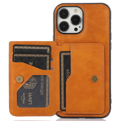 For iPhone 14 Pro Max 6.7 inch Card Slots Phone Kickstand Case PU Leather + TPU Anti-scratch Anti-drop Cover with Magnetic Car Mount Metal Sheet