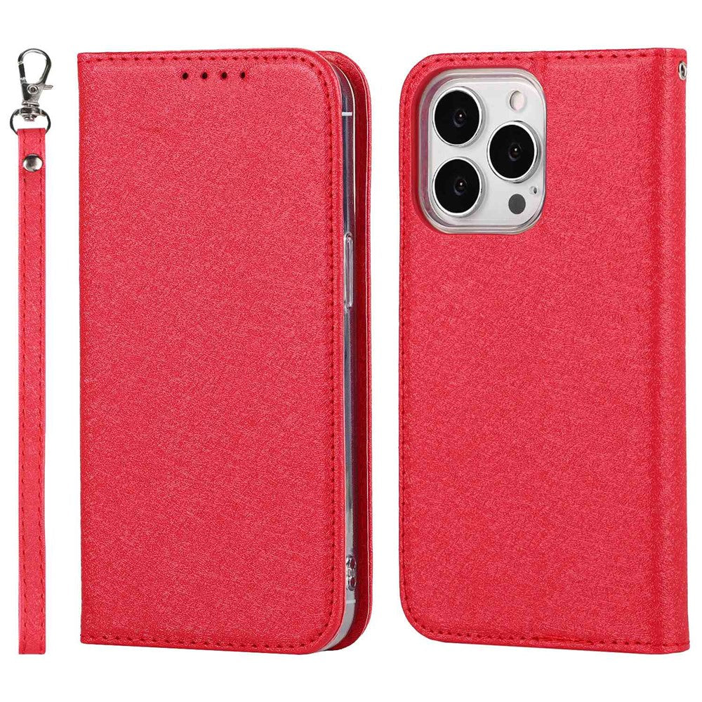 For iPhone 14 Pro Max 6.7 inch Wear-resistant PU Leather Silk Texture Wallet Phone Case Stand Protector with Wrist Strap