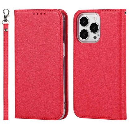 For iPhone 14 Pro Max 6.7 inch Wear-resistant PU Leather Silk Texture Wallet Phone Case Stand Protector with Wrist Strap