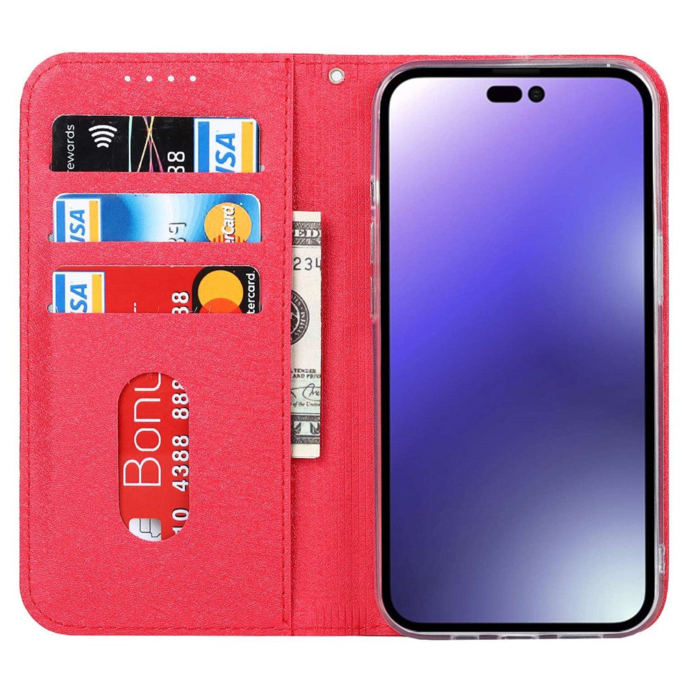 For iPhone 14 Pro Max 6.7 inch Wear-resistant PU Leather Silk Texture Wallet Phone Case Stand Protector with Wrist Strap