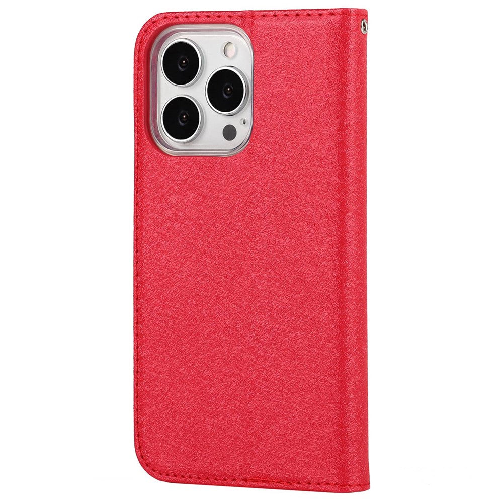 For iPhone 14 Pro Max 6.7 inch Wear-resistant PU Leather Silk Texture Wallet Phone Case Stand Protector with Wrist Strap