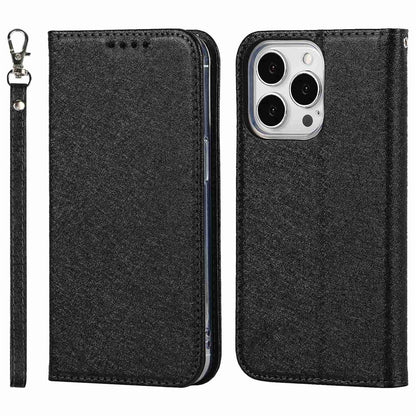 For iPhone 14 Pro Max 6.7 inch Wear-resistant PU Leather Silk Texture Wallet Phone Case Stand Protector with Wrist Strap