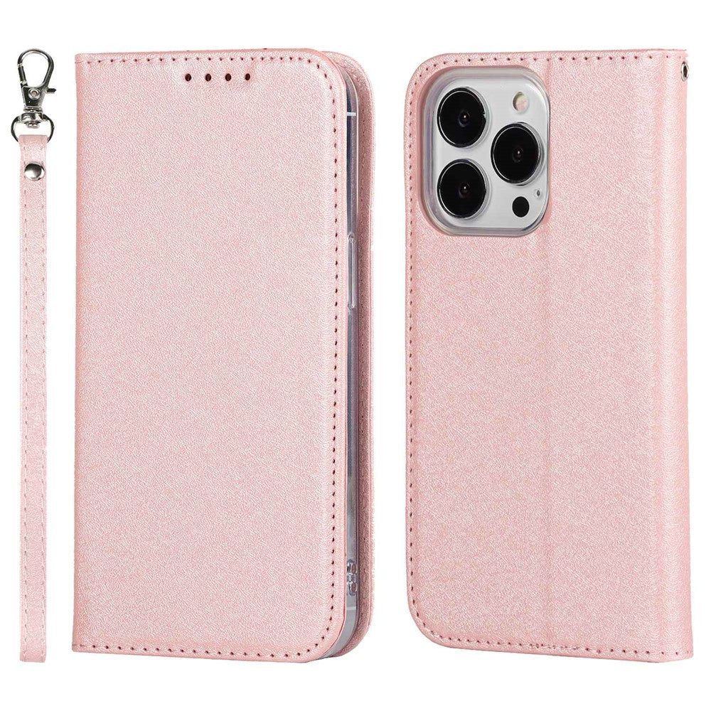 For iPhone 14 Pro Max 6.7 inch Wear-resistant PU Leather Silk Texture Wallet Phone Case Stand Protector with Wrist Strap