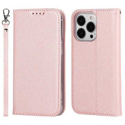 For iPhone 14 Pro Max 6.7 inch Wear-resistant PU Leather Silk Texture Wallet Phone Case Stand Protector with Wrist Strap