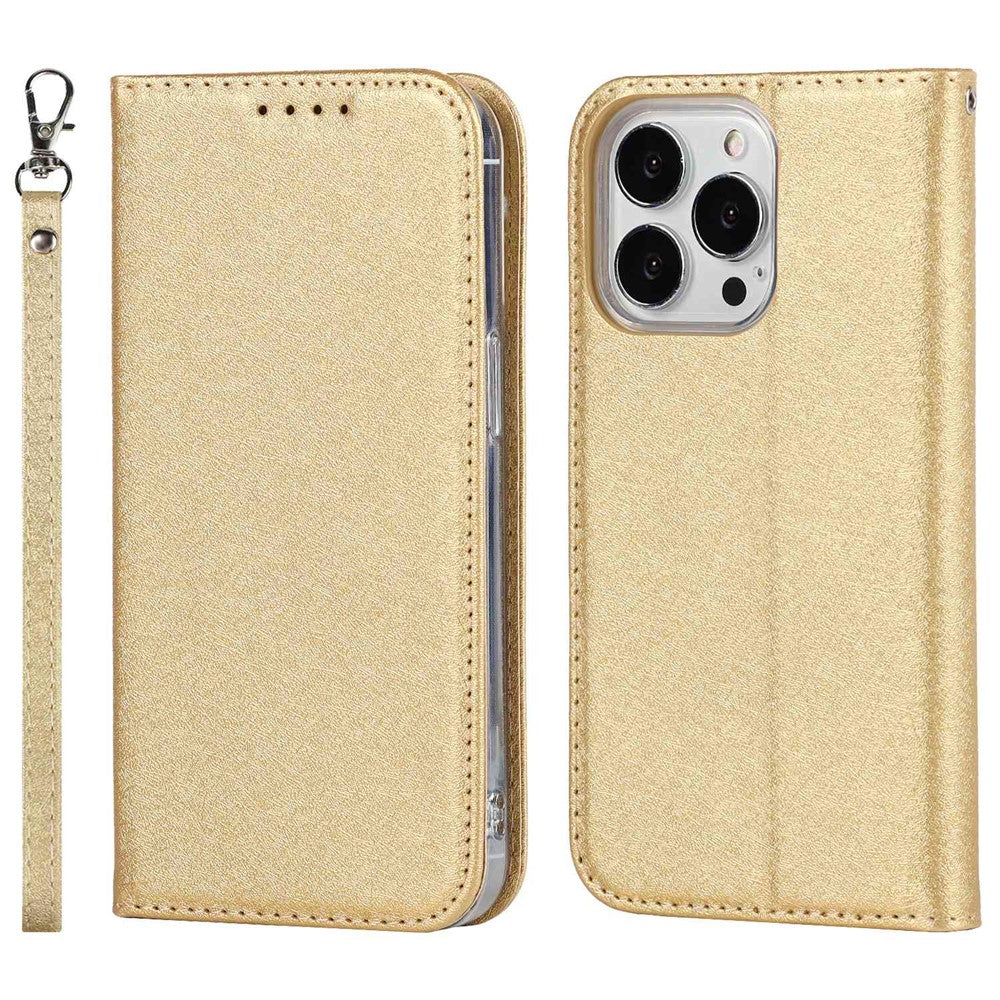 For iPhone 14 Pro Max 6.7 inch Wear-resistant PU Leather Silk Texture Wallet Phone Case Stand Protector with Wrist Strap