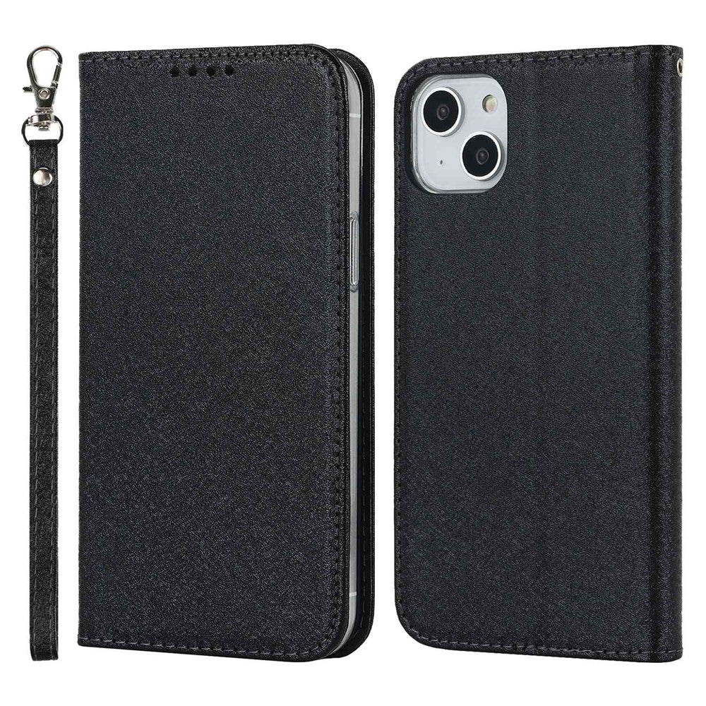For iPhone 14 Plus PU Leather Silk Texture Anti-drop Wallet Phone Case Stand All-around Protection Cover with Wrist Strap
