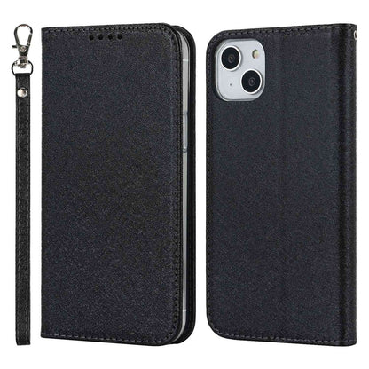 For iPhone 14 Plus PU Leather Silk Texture Anti-drop Wallet Phone Case Stand All-around Protection Cover with Wrist Strap
