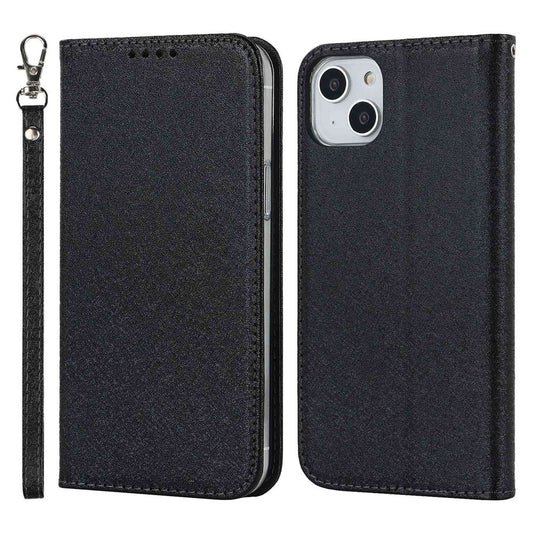 For iPhone 14 Plus PU Leather Silk Texture Anti-drop Wallet Phone Case Stand All-around Protection Cover with Wrist Strap