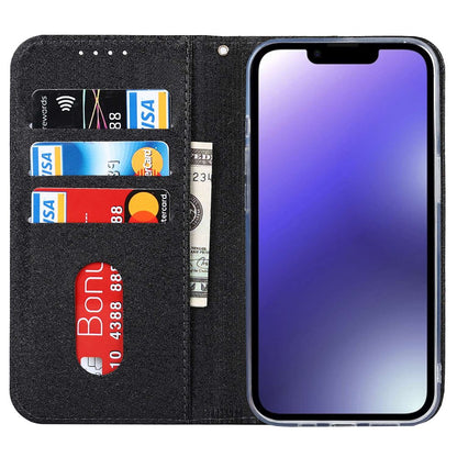 For iPhone 14 Plus PU Leather Silk Texture Anti-drop Wallet Phone Case Stand All-around Protection Cover with Wrist Strap