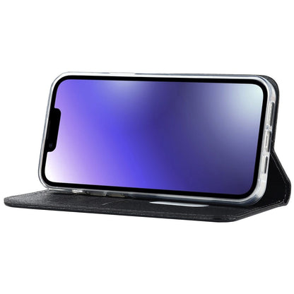For iPhone 14 Plus PU Leather Silk Texture Anti-drop Wallet Phone Case Stand All-around Protection Cover with Wrist Strap