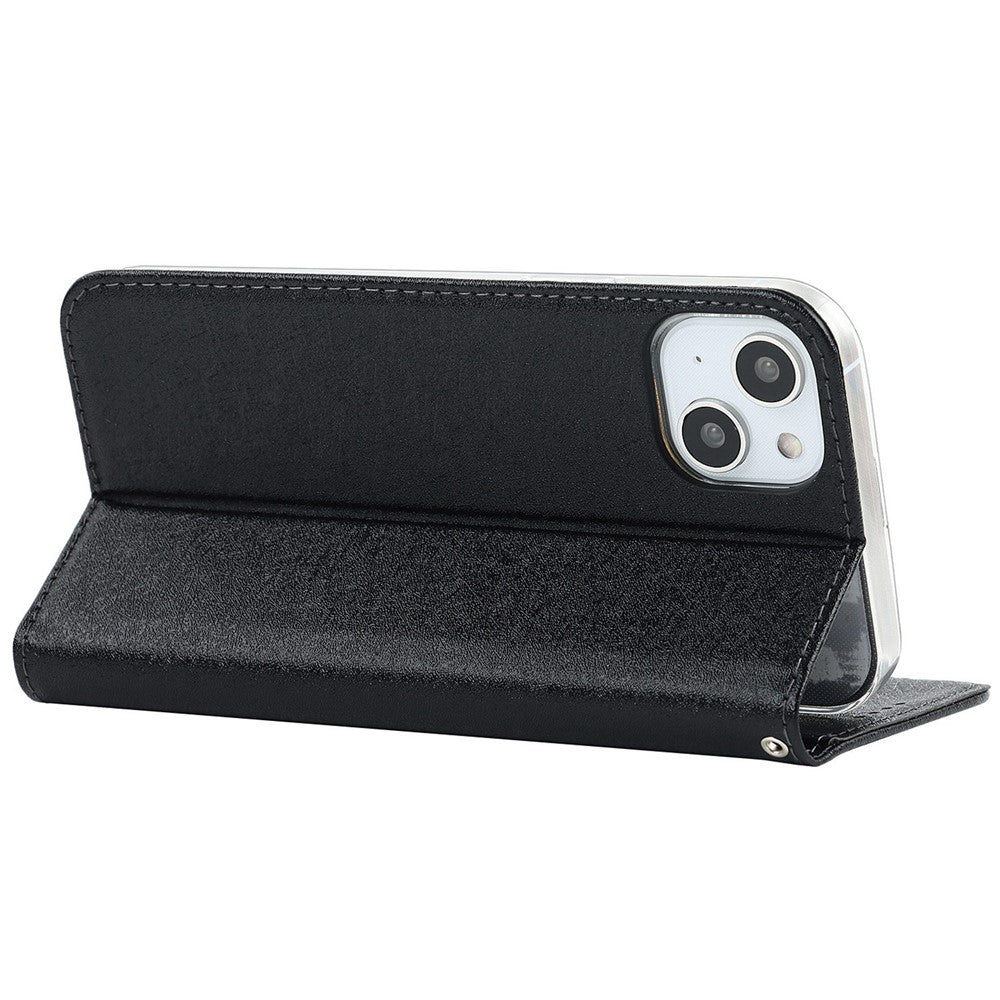 For iPhone 14 Plus PU Leather Silk Texture Anti-drop Wallet Phone Case Stand All-around Protection Cover with Wrist Strap