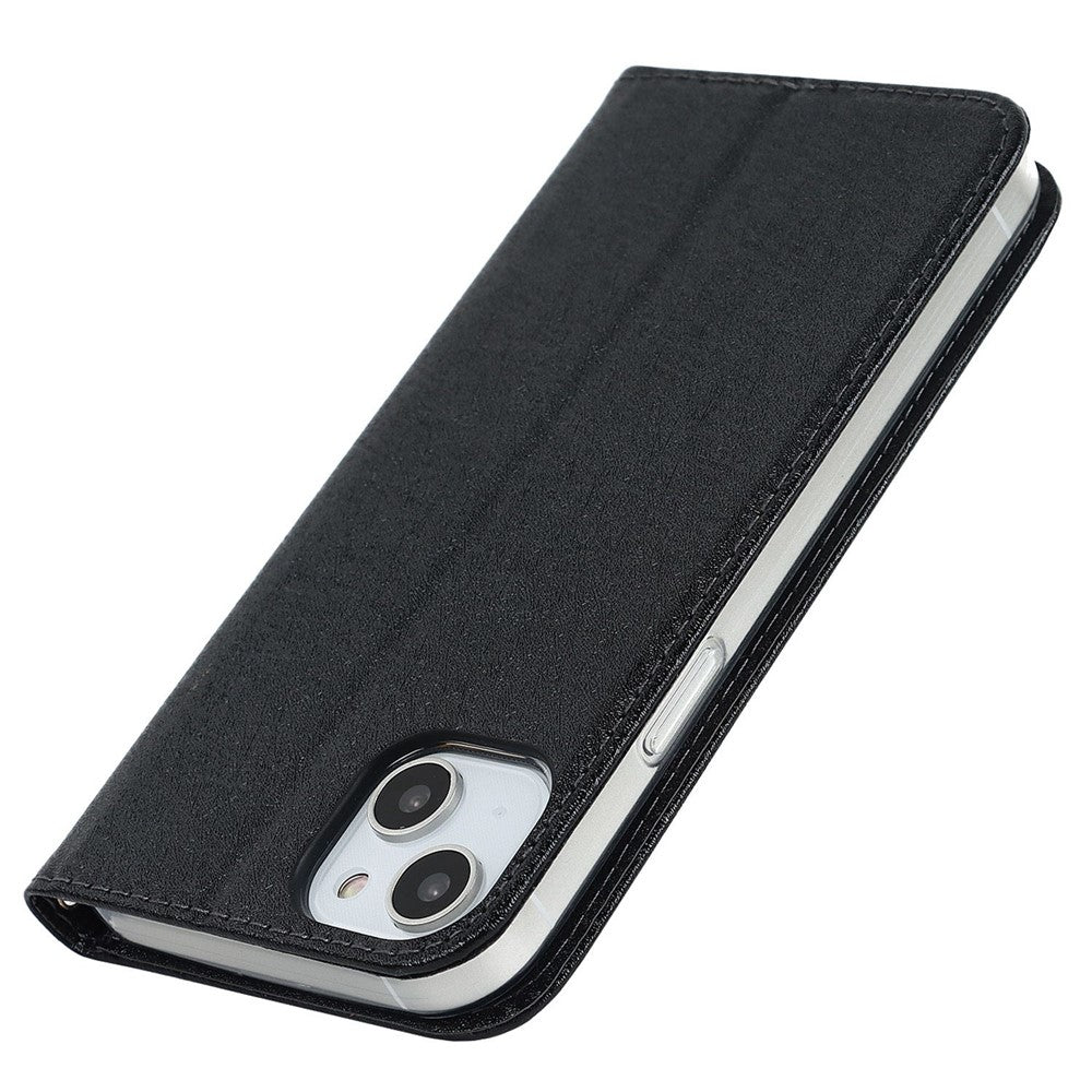 For iPhone 14 Plus PU Leather Silk Texture Anti-drop Wallet Phone Case Stand All-around Protection Cover with Wrist Strap