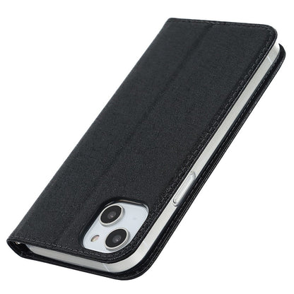 For iPhone 14 Plus PU Leather Silk Texture Anti-drop Wallet Phone Case Stand All-around Protection Cover with Wrist Strap