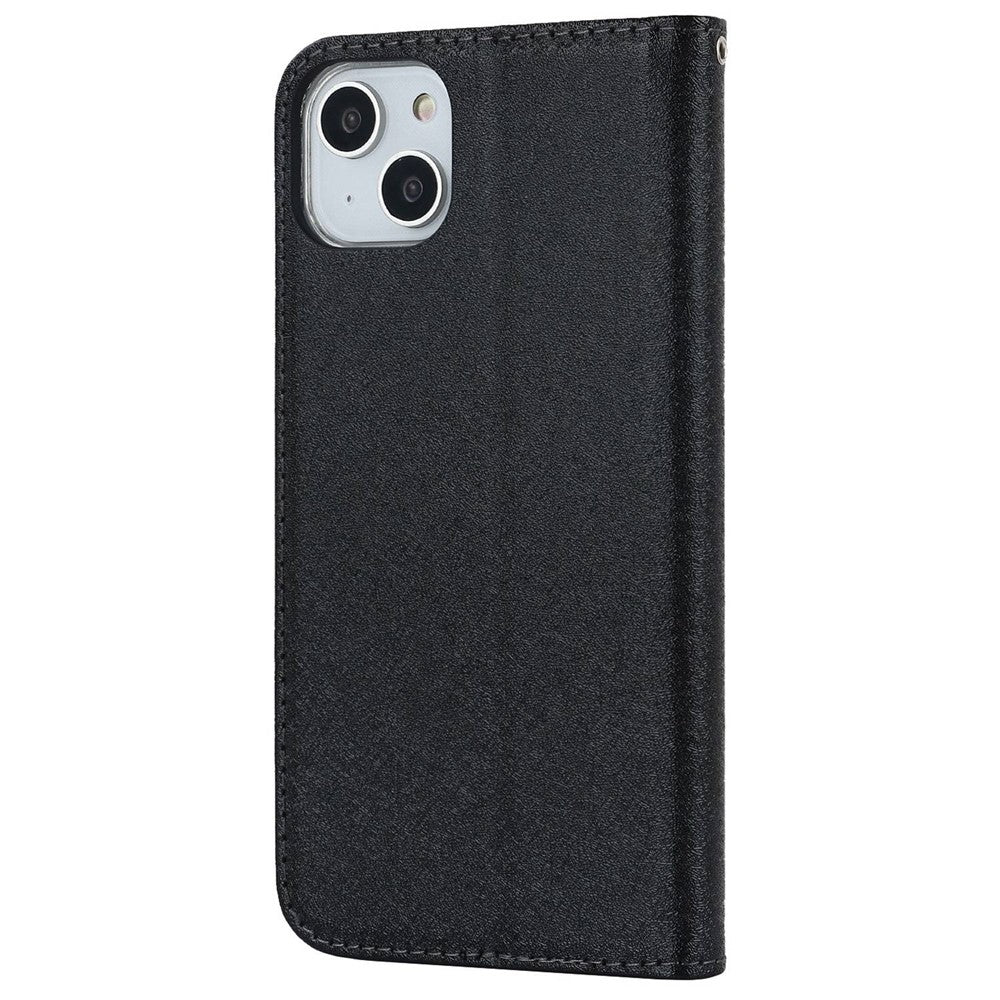 For iPhone 14 Plus PU Leather Silk Texture Anti-drop Wallet Phone Case Stand All-around Protection Cover with Wrist Strap
