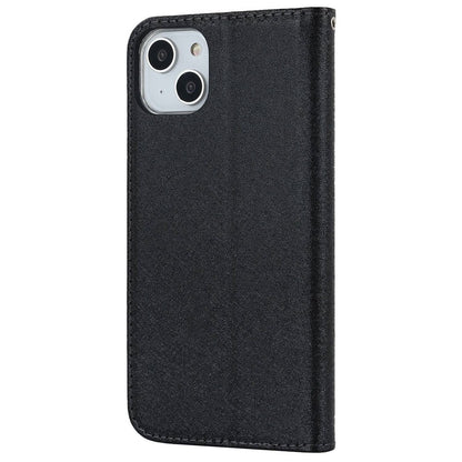 For iPhone 14 Plus PU Leather Silk Texture Anti-drop Wallet Phone Case Stand All-around Protection Cover with Wrist Strap