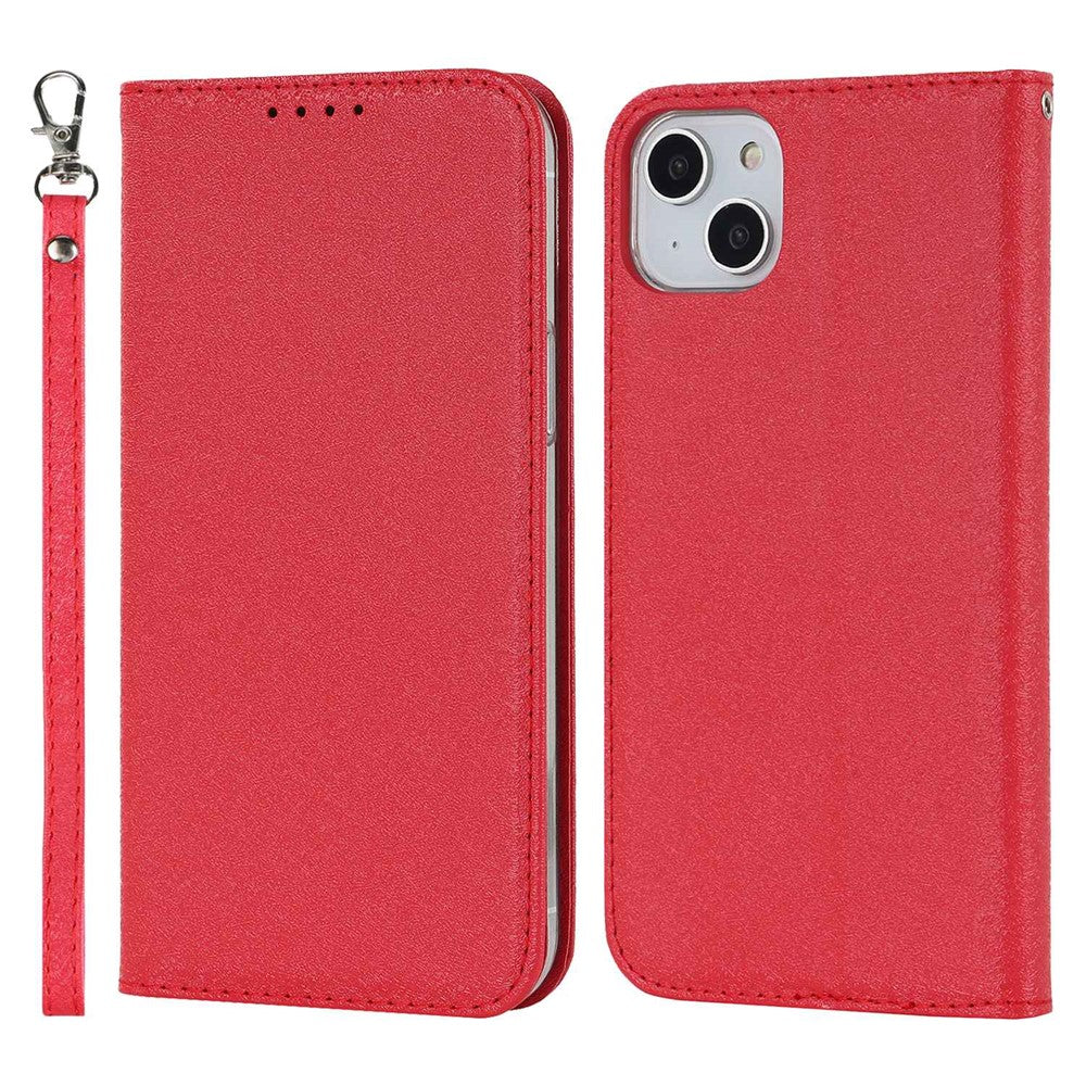 For iPhone 14 Plus PU Leather Silk Texture Anti-drop Wallet Phone Case Stand All-around Protection Cover with Wrist Strap