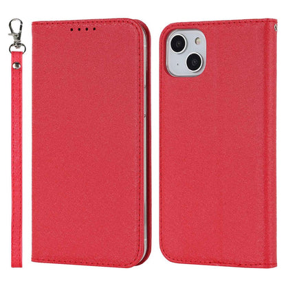 For iPhone 14 Plus PU Leather Silk Texture Anti-drop Wallet Phone Case Stand All-around Protection Cover with Wrist Strap
