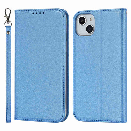 For iPhone 14 Plus PU Leather Silk Texture Anti-drop Wallet Phone Case Stand All-around Protection Cover with Wrist Strap