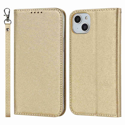 For iPhone 14 Plus PU Leather Silk Texture Anti-drop Wallet Phone Case Stand All-around Protection Cover with Wrist Strap